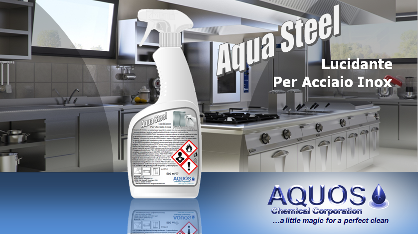 Nuovo packaging per il nostro &quot;Aqua Steel&quot;, il lucidante paraffinico per superfici in acciaio inox