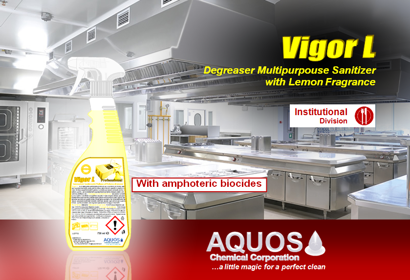 VIGOR L: lemon sanitizing degreaser ready to use, based on amphoteric biocides, for general cleaning in the kitchen.