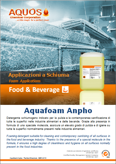 Aquafoam Anfo: foaming sanitizer detergent for applications in Food & Beverage.