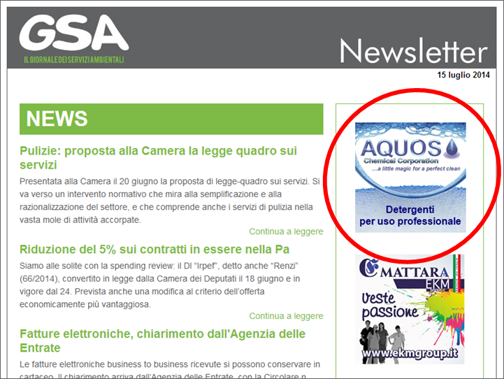 Aquos nella newsletter del 15 luglio 2014 di GSA (il giornale dei servizi ambientali)