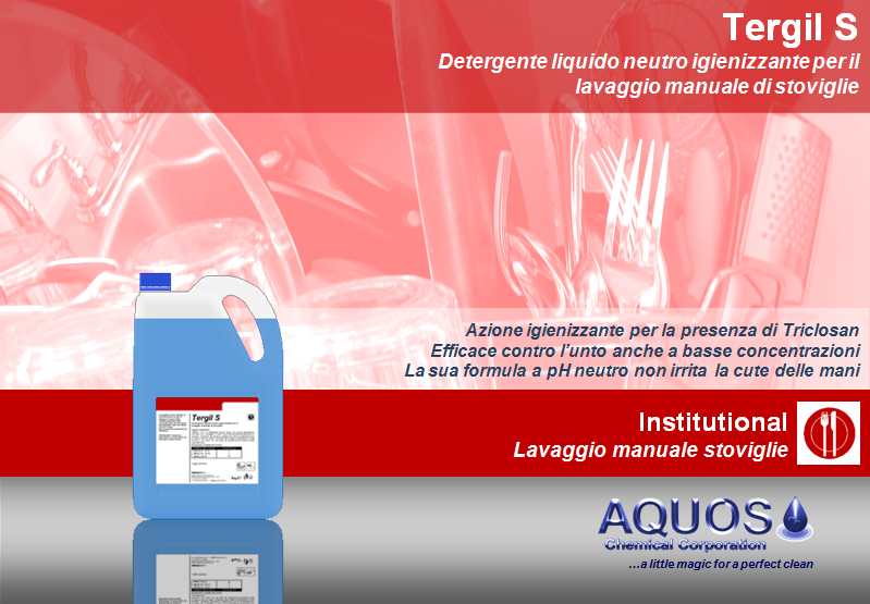 Tergil S: the new neutral liquid detergent for manual washing of dishware with sanitizing action.